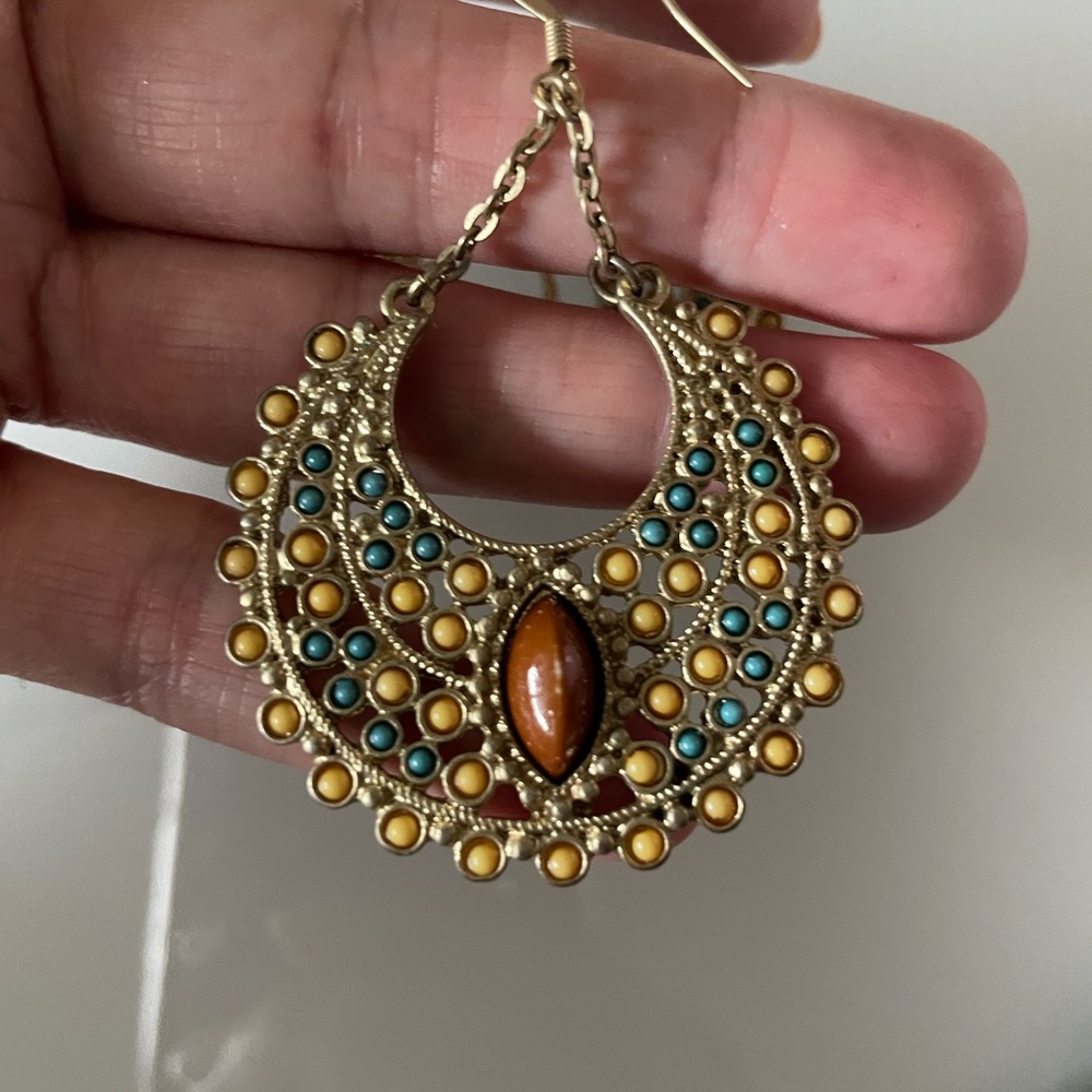 Gold and Aqua boho drop earring+EUC